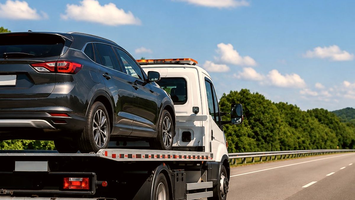 Flatbed tow truck hauling an SUV near Nicholasville, KY